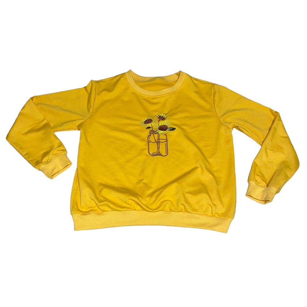 Rumwe Sunflower Mason Jar Crew Neck Ribbed hem pullover sweatshirt Yellow sz S/4